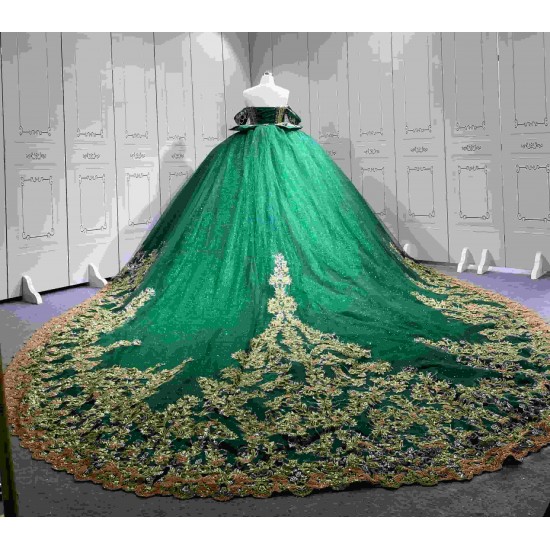 Mumuleo Emerald Green Ball Gown Floor-Length Modern Chapel Train Lace Satin Print Knitted Quinceanera for Teenagers Party 2026