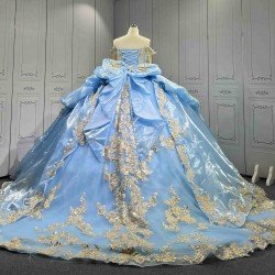 Mumuleo Sky Blue Quinceanera Dresses 2026 Floor-Length Ball Gown Sweep Train Luxury Satin Lace Natural Waistline