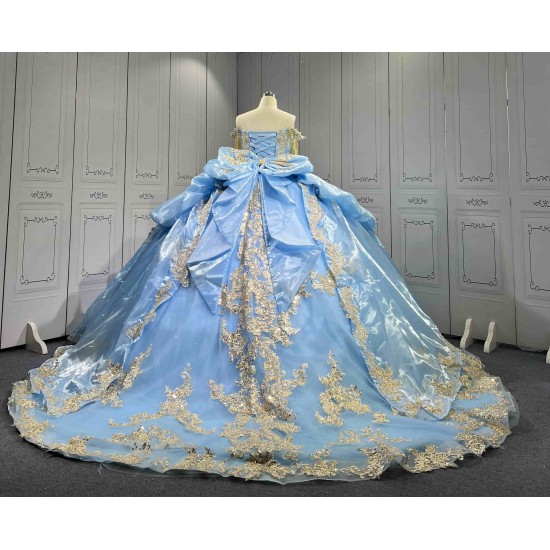 Mumuleo Sky Blue Quinceanera Dresses 2026 Floor-Length Ball Gown Sweep Train Luxury Satin Lace Natural Waistline