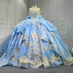 Mumuleo Sky Blue Quinceanera Dresses 2026 Floor-Length Ball Gown Sweep Train Luxury Satin Lace Natural Waistline