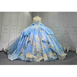 Mumuleo Sky Blue Quinceanera Dresses 2026 Floor-Length Ball Gown Sweep Train Luxury Satin Lace Natural Waistline