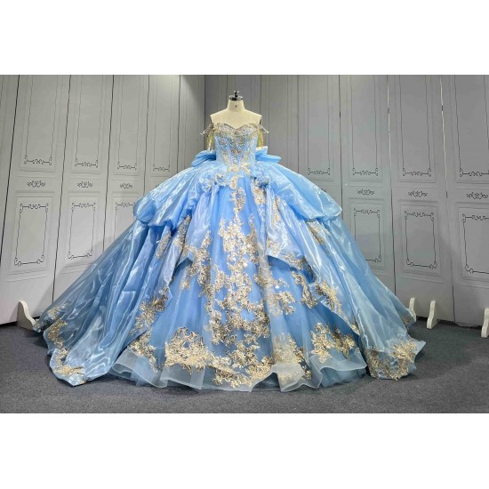 Mumuleo Sky Blue Quinceanera Dresses 2026 Floor-Length Ball Gown Sweep Train Luxury Satin Lace Natural Waistline