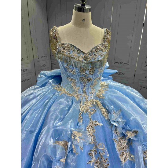 Mumuleo Sky Blue Quinceanera Dresses 2026 Floor-Length Ball Gown Sweep Train Luxury Satin Lace Natural Waistline