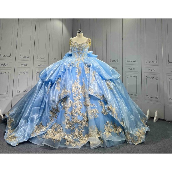 Mumuleo Sky Blue Quinceanera Dresses 2026 Floor-Length Ball Gown Sweep Train Luxury Satin Lace Natural Waistline