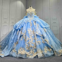Mumuleo Sky Blue Quinceanera Dresses 2026 Floor-Length Ball Gown Sweep Train Luxury Satin Lace Natural Waistline