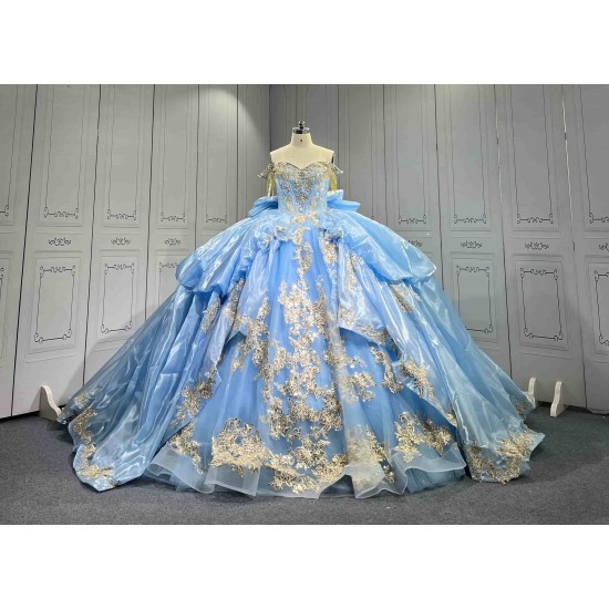 Mumuleo Sky Blue Quinceanera Dresses 2026 Floor-Length Ball Gown Sweep Train Luxury Satin Lace Natural Waistline