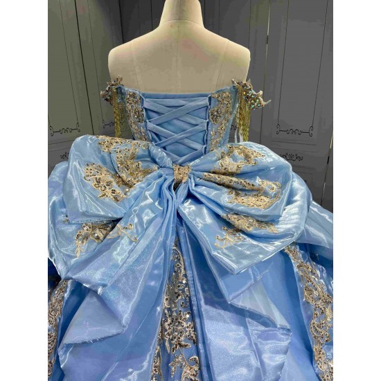 Mumuleo Sky Blue Quinceanera Dresses 2026 Floor-Length Ball Gown Sweep Train Luxury Satin Lace Natural Waistline