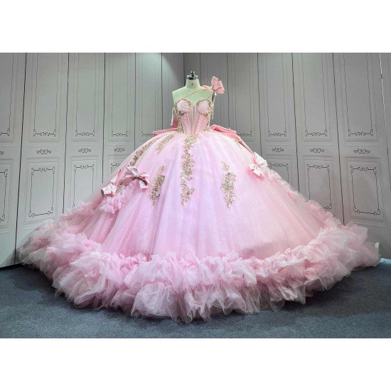 Mumuleo Princess Pink Quinceanera Dress 2026 Floor-Length Ball Gown Sweetheart Neckline Shoulder Lace Printed Chapel Train 100%