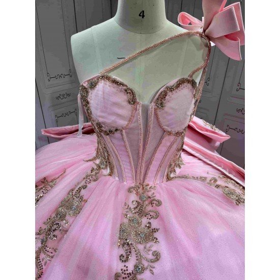 Mumuleo Princess Pink Quinceanera Dress 2026 Floor-Length Ball Gown Sweetheart Neckline Shoulder Lace Printed Chapel Train 100%