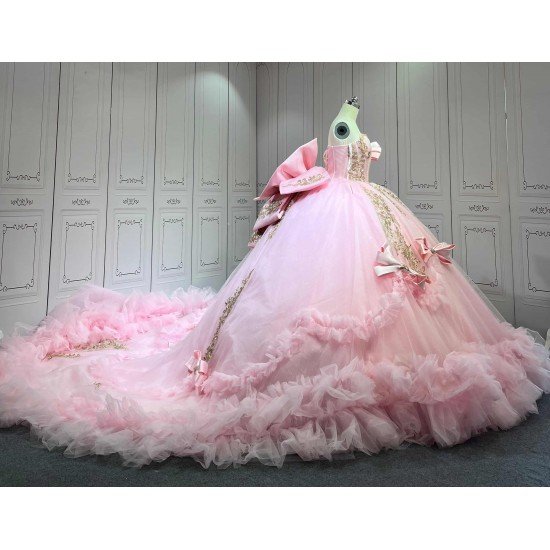 Mumuleo Princess Pink Quinceanera Dress 2026 Floor-Length Ball Gown Sweetheart Neckline Shoulder Lace Printed Chapel Train 100%