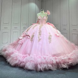 Mumuleo Princess Pink Quinceanera Dress 2026 Floor-Length Ball Gown Sweetheart Neckline Shoulder Lace Printed Chapel Train 100%