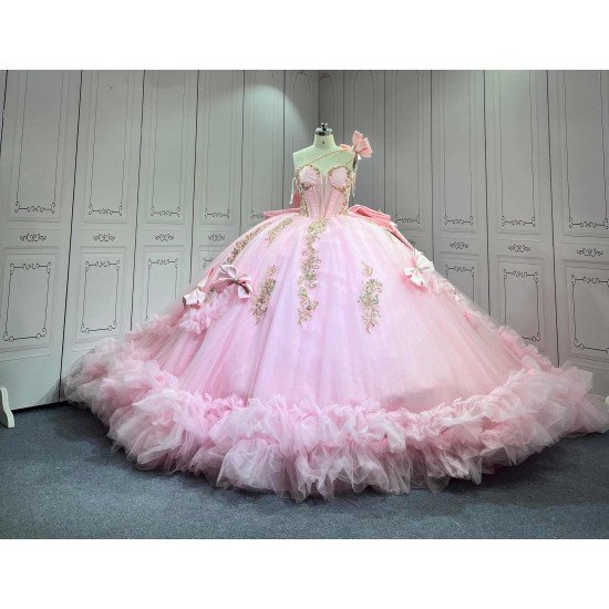 Mumuleo Princess Pink Quinceanera Dress 2026 Floor-Length Ball Gown Sweetheart Neckline Shoulder Lace Printed Chapel Train 100%
