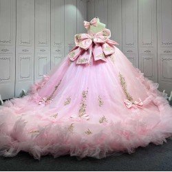 Mumuleo Princess Pink Quinceanera Dress 2026 Floor-Length Ball Gown Sweetheart Neckline Shoulder Lace Printed Chapel Train 100%