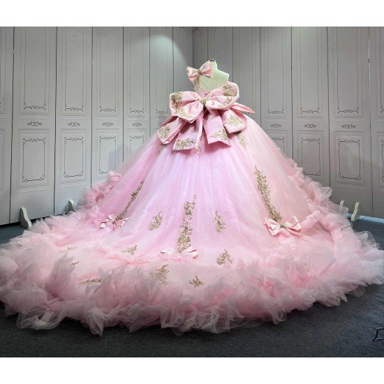 Mumuleo Princess Pink Quinceanera Dress 2026 Floor-Length Ball Gown Sweetheart Neckline Shoulder Lace Printed Chapel Train 100%