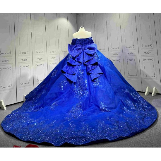 Mumuleo Royal Blue Modern Ball Gown Floor-Length Quinceanera Dress with Satin Lace Chapel Train for Teenagers 2026