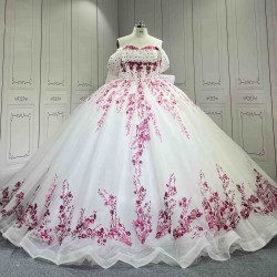 Mumuleo White Modern Ball Gown Floor-Length Quinceanera Dress Chapel Lace Satin Print Natural Waist for Teenagers Party 2026