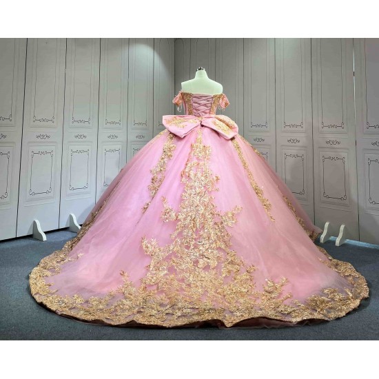 Mumuleo Candy Color Ball Gown Quinceanera Dress Sweetheart Neckline Off-Shoulder Chapel Train Floor-Length Lace Party Wedding