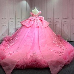 Mumuleo Hot Pink Candy Color Ball Gown Floor-Length Satin Quinceanera Dress with Chapel Train 2026