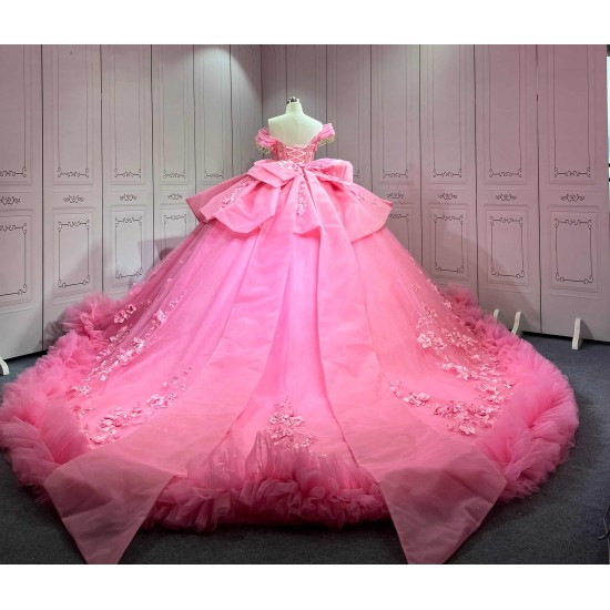 Mumuleo Hot Pink Candy Color Ball Gown Floor-Length Satin Quinceanera Dress with Chapel Train 2026