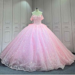Mumuleo Shiny Pink Ball Gown Floor-Length Quinceanera Dress Chapel Modern Satin Lace Print Natural Waist for Teenagers 2026