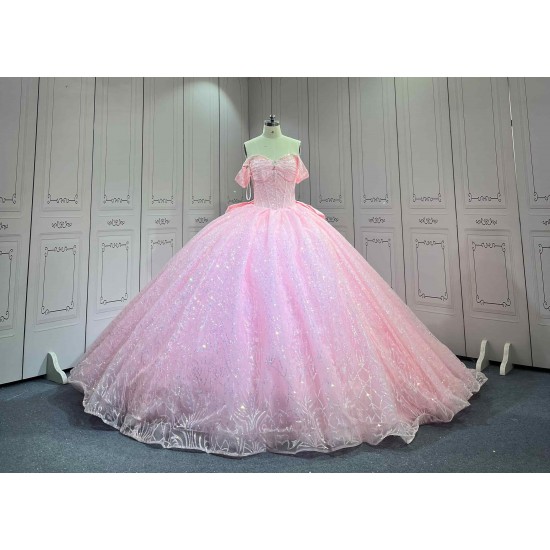 Mumuleo Shiny Pink Ball Gown Floor-Length Quinceanera Dress Chapel Modern Satin Lace Print Natural Waist for Teenagers 2026