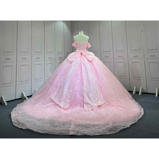 Mumuleo Shiny Pink Ball Gown Floor-Length Quinceanera Dress Chapel Modern Satin Lace Print Natural Waist for Teenagers 2026