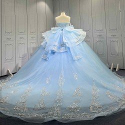 Mumuleo Floor-Length Modern Satin Lace Printed Chapel Train Ball Gown Quinceanera Dress for Teenagers