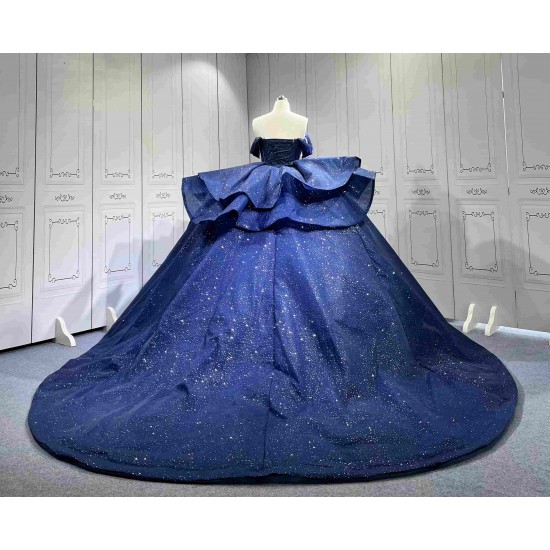 Mumuleo Navy Blue Sweetheart Lace Natural Waist Floor-Length Chapel Train Quinceanera Party Dress 2026
