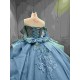Mumuleo Ball Gown Floor-Length Quinceanera Dress 2026 with Chapel Train Modern Satin Print Blue for Teenagers