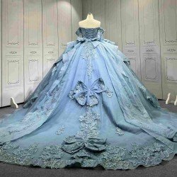 Mumuleo Ball Gown Floor-Length Quinceanera Dress 2026 with Chapel Train Modern Satin Print Blue for Teenagers