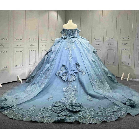Mumuleo Ball Gown Floor-Length Quinceanera Dress 2026 with Chapel Train Modern Satin Print Blue for Teenagers