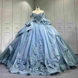 Mumuleo Ball Gown Floor-Length Quinceanera Dress 2026 with Chapel Train Modern Satin Print Blue for Teenagers