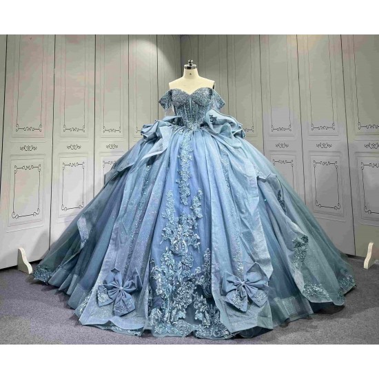 Mumuleo Ball Gown Floor-Length Quinceanera Dress 2026 with Chapel Train Modern Satin Print Blue for Teenagers