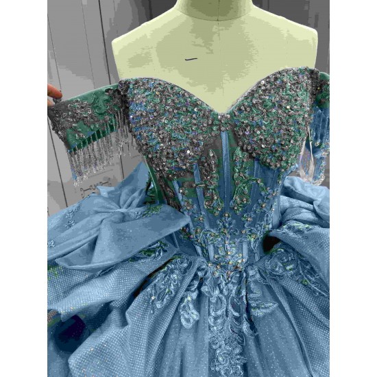 Mumuleo Ball Gown Floor-Length Quinceanera Dress 2026 with Chapel Train Modern Satin Print Blue for Teenagers