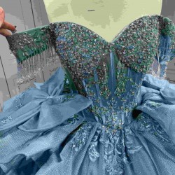 Mumuleo Ball Gown Floor-Length Quinceanera Dress 2026 with Chapel Train Modern Satin Print Blue for Teenagers