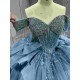 Mumuleo Ball Gown Floor-Length Quinceanera Dress 2026 with Chapel Train Modern Satin Print Blue for Teenagers