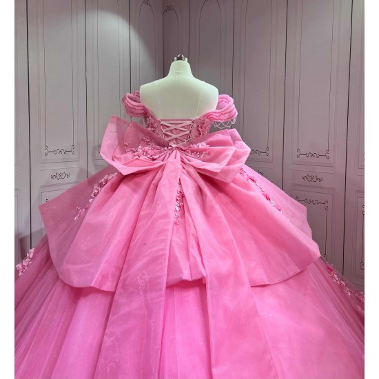 Mumuleo Hot Pink Quinceanera Ball Gown Floor-Length Chapel Train Modern Satin Dress with Big Bowtie Detachable
