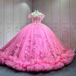 Mumuleo Hot Pink Quinceanera Ball Gown Floor-Length Chapel Train Modern Satin Dress with Big Bowtie Detachable