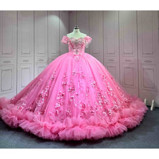Mumuleo Hot Pink Quinceanera Ball Gown Floor-Length Chapel Train Modern Satin Dress with Big Bowtie Detachable