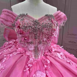 Mumuleo Hot Pink Quinceanera Ball Gown Floor-Length Chapel Train Modern Satin Dress with Big Bowtie Detachable