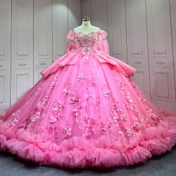 Mumuleo Hot Pink Quinceanera Ball Gown Floor-Length Chapel Train Modern Satin Dress with Big Bowtie Detachable