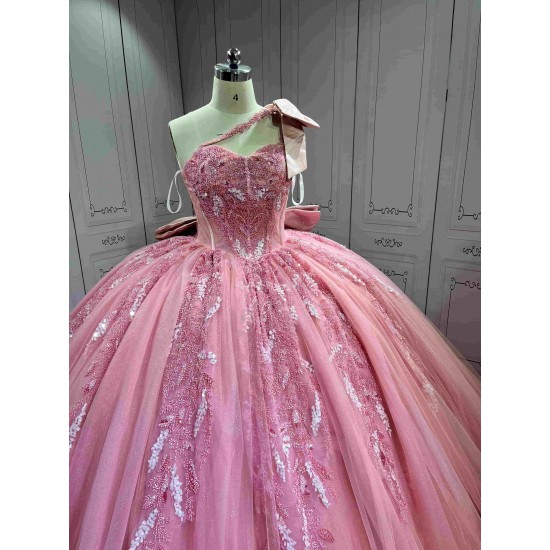 Mumuleo Blush Pink Quinceanera Ball Gown Floor-Length Chapel Train Modern Satin Lace Print Natural Waist Dress 2026