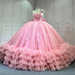 Mumuleo Blush Pink Quinceanera Ball Gown Floor-Length Chapel Train Modern Satin Lace Print Natural Waist Dress 2026