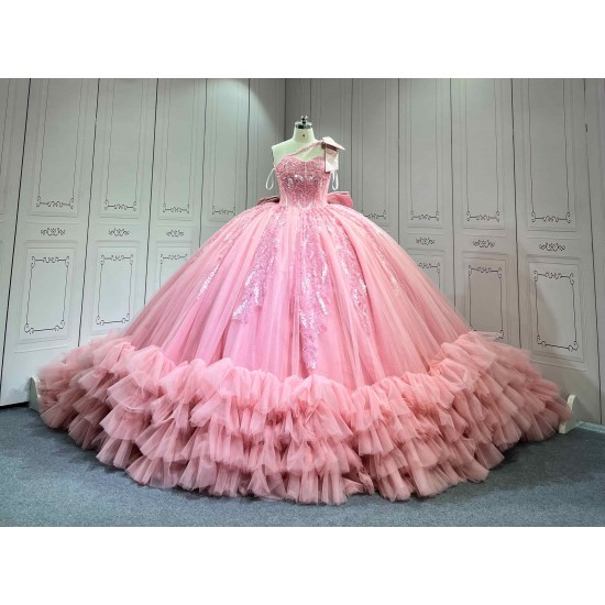 Mumuleo Blush Pink Quinceanera Ball Gown Floor-Length Chapel Train Modern Satin Lace Print Natural Waist Dress 2026