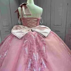 Mumuleo Blush Pink Quinceanera Ball Gown Floor-Length Chapel Train Modern Satin Lace Print Natural Waist Dress 2026