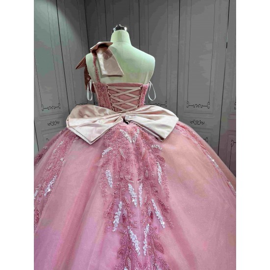 Mumuleo Blush Pink Quinceanera Ball Gown Floor-Length Chapel Train Modern Satin Lace Print Natural Waist Dress 2026