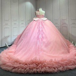 Mumuleo Blush Pink Quinceanera Ball Gown Floor-Length Chapel Train Modern Satin Lace Print Natural Waist Dress 2026