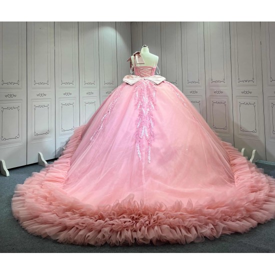 Mumuleo Blush Pink Quinceanera Ball Gown Floor-Length Chapel Train Modern Satin Lace Print Natural Waist Dress 2026