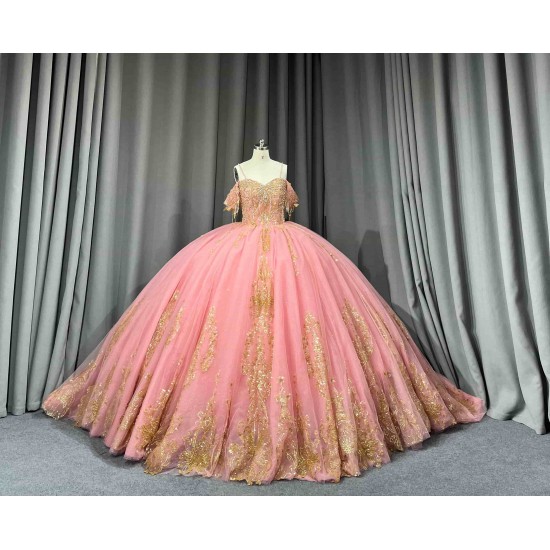 Mumuleo Blush Pink Rose Gold Floor-Length Ball Gown Shoulder Sweetheart Neckline Chapel Train Quinceanera Dresses 2026 100%