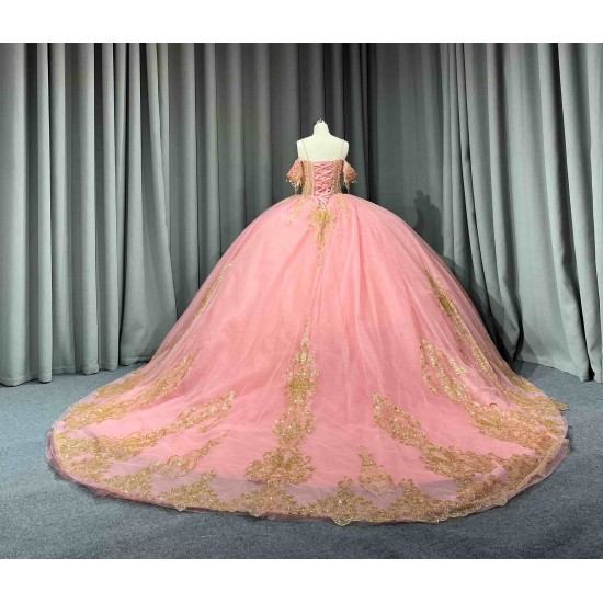 Mumuleo Blush Pink Rose Gold Floor-Length Ball Gown Shoulder Sweetheart Neckline Chapel Train Quinceanera Dresses 2026 100%
